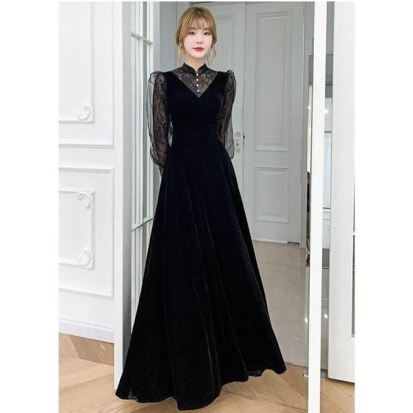 おしゃれロング ドレス パーティードレス 個性的 黒 袖あり 長袖