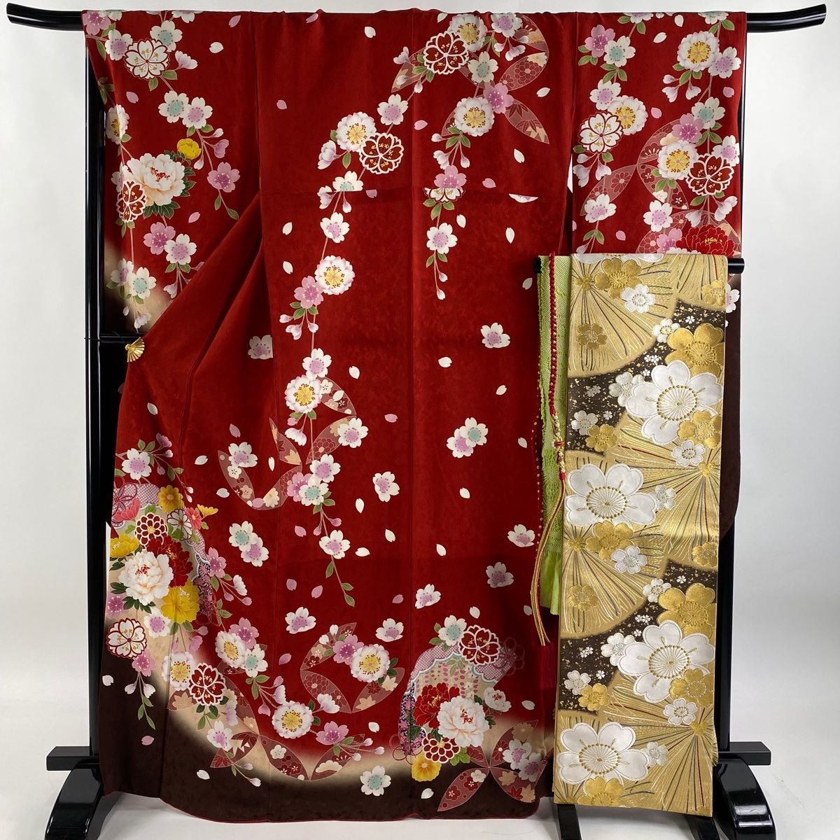 振袖 身丈168cm 裄丈68.5cm L 袷 袋帯フルセット 鶴 草花 金銀彩