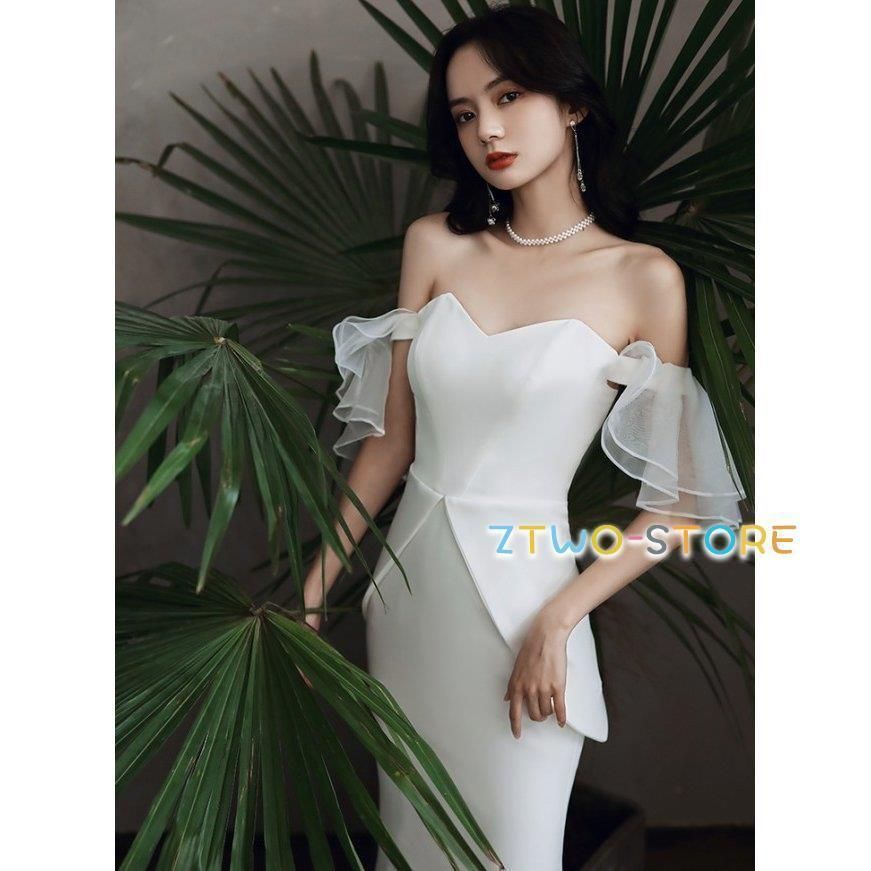 ウェディングドレス マーメイド 白 ロングドレス オフショルダー 袖あり 結婚式 二次会 花嫁 ドレス 大きいサイズ 3L 4L 上品 フリルWP日替わり 104 FFCRYSTALESIA_COM