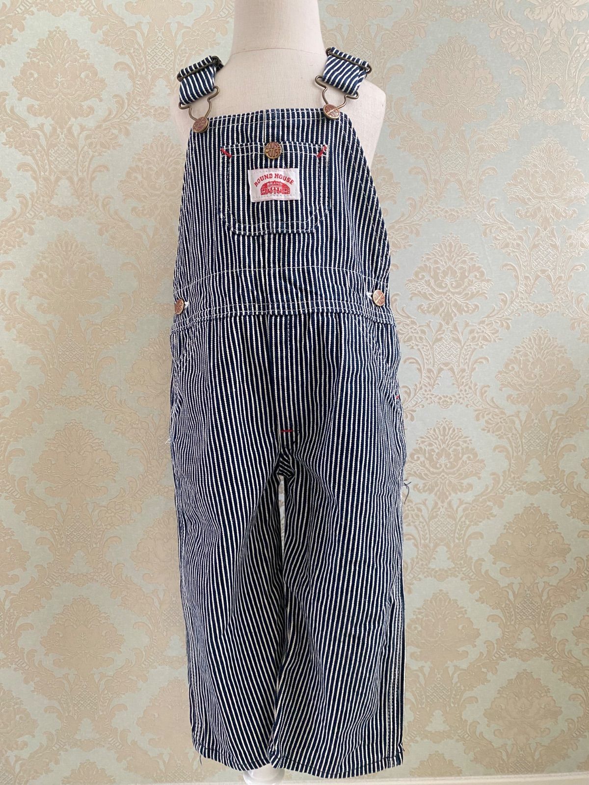 ROUND HOUSE ヒッコリーデニムオーバーオール/古着/実寸W48L30 ROUND