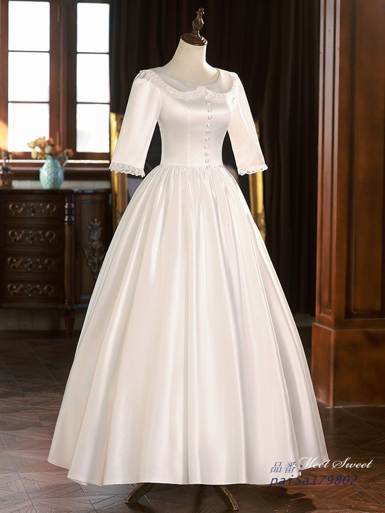 ウェディングドレス ロングドレス プリンセスドレス 丸襟 レトロ Aラインドレス サテン ウエディングドレス 前撮り ブライダル 結婚式 5分袖 花嫁 二次会 pai5a179802