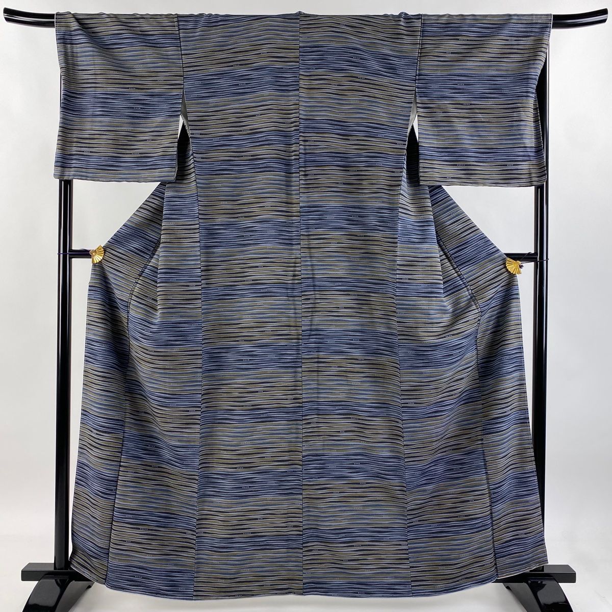 小紋 身丈162cm 裄丈68cm L 袷 縞 青灰色 正絹 秀品