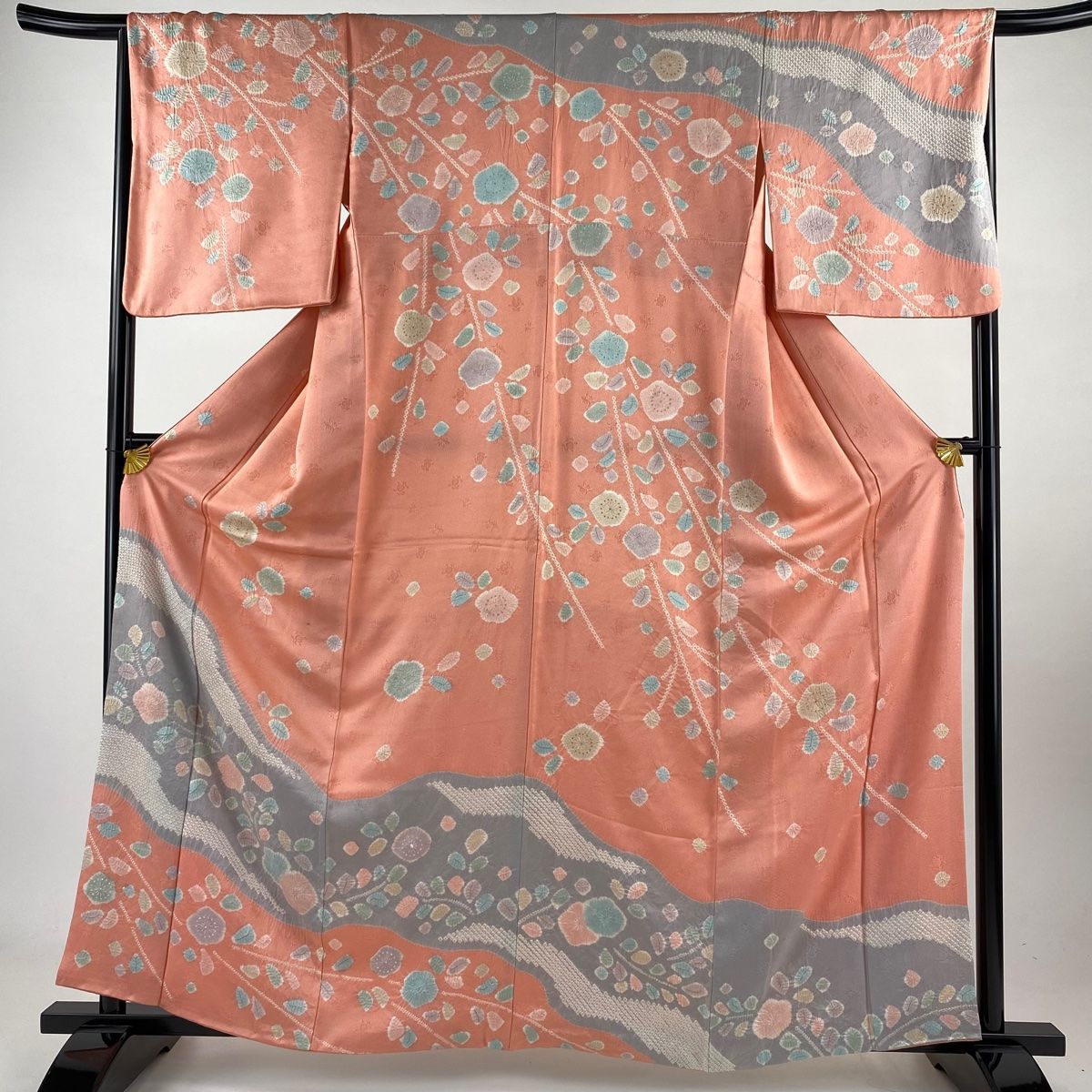訪問着 身丈162.5cm 裄丈66cm M 袷 梅 霞 絞り 金彩 サーモンピンク 正絹 秀品