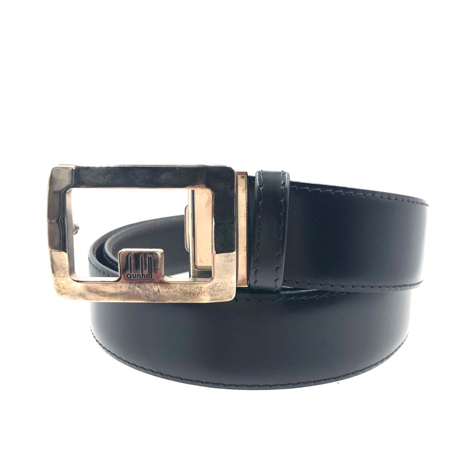 美品 ダンヒル/dunhill 本革 レザーベルト シルバー金具 刻印 黒
