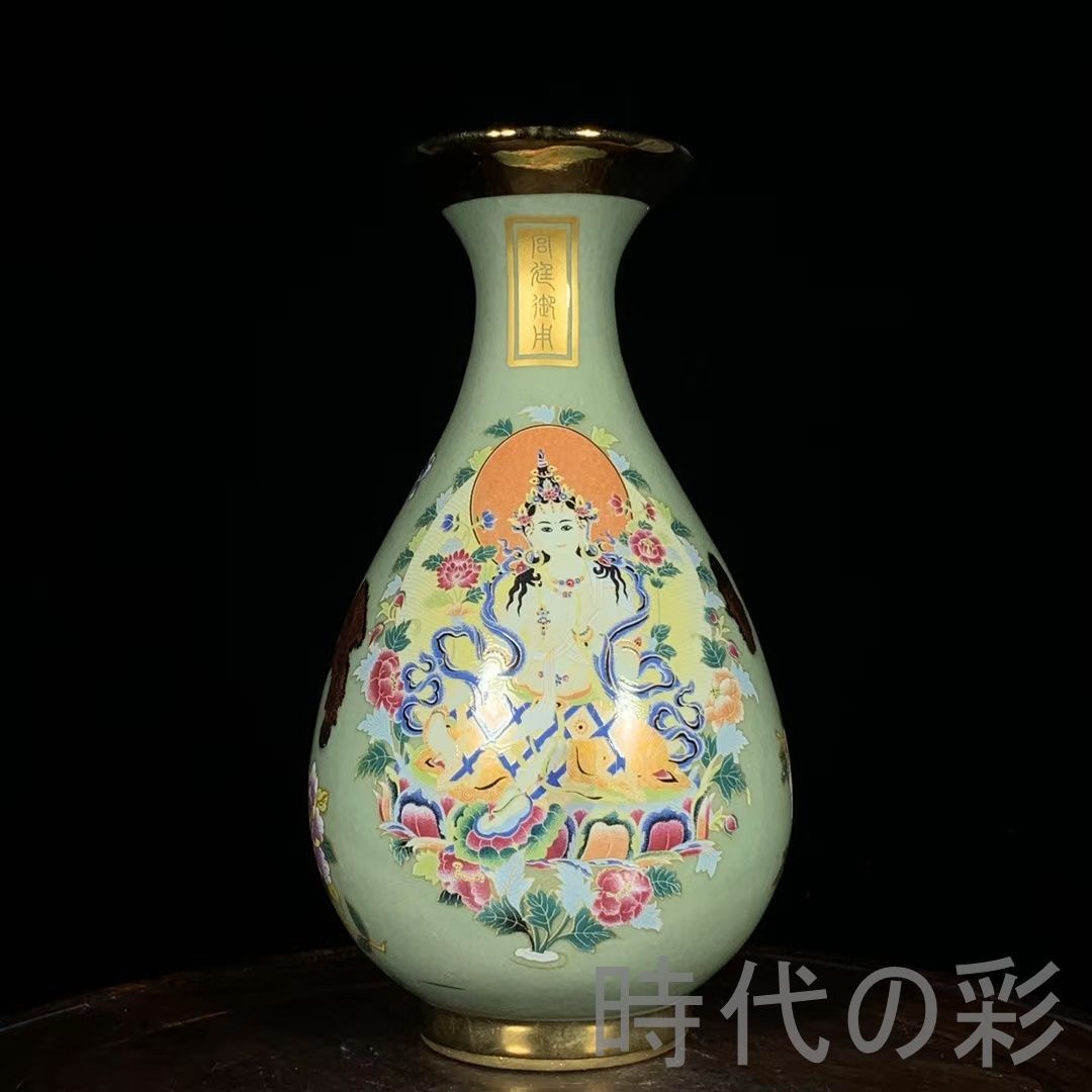 中国古美術 宋代 龍泉窯 加彩絵 金 観音像 玉壺春瓶 花瓶 文房置物 茶道具 青磁 古陶磁器 旧蔵 古賞物 古玩 時代物 R0710110132