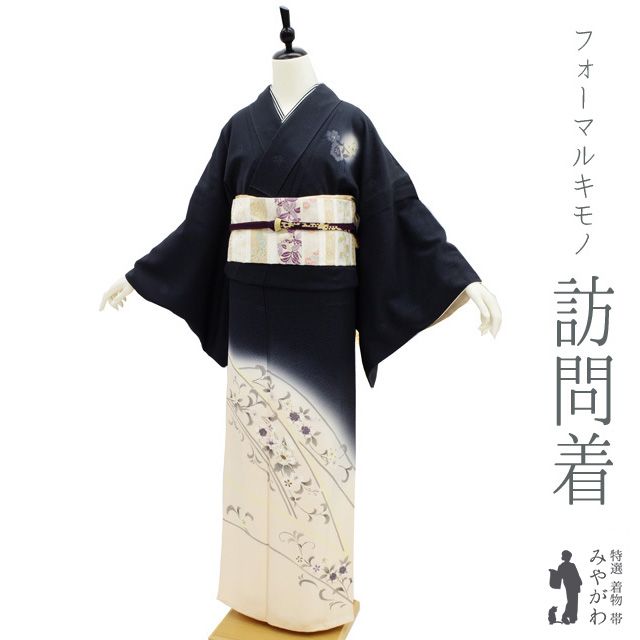 【中古】 訪問着 リサイクル 着物 正絹 袷 墨黒 手描き 銀彩加工 ラメ加工 ぼかし染 花更紗 地紋 桜 フォーマル 春 秋 冬 仕立て上がり 身丈167 裄丈68.5 Ｌサイズ みやがわ hm0026