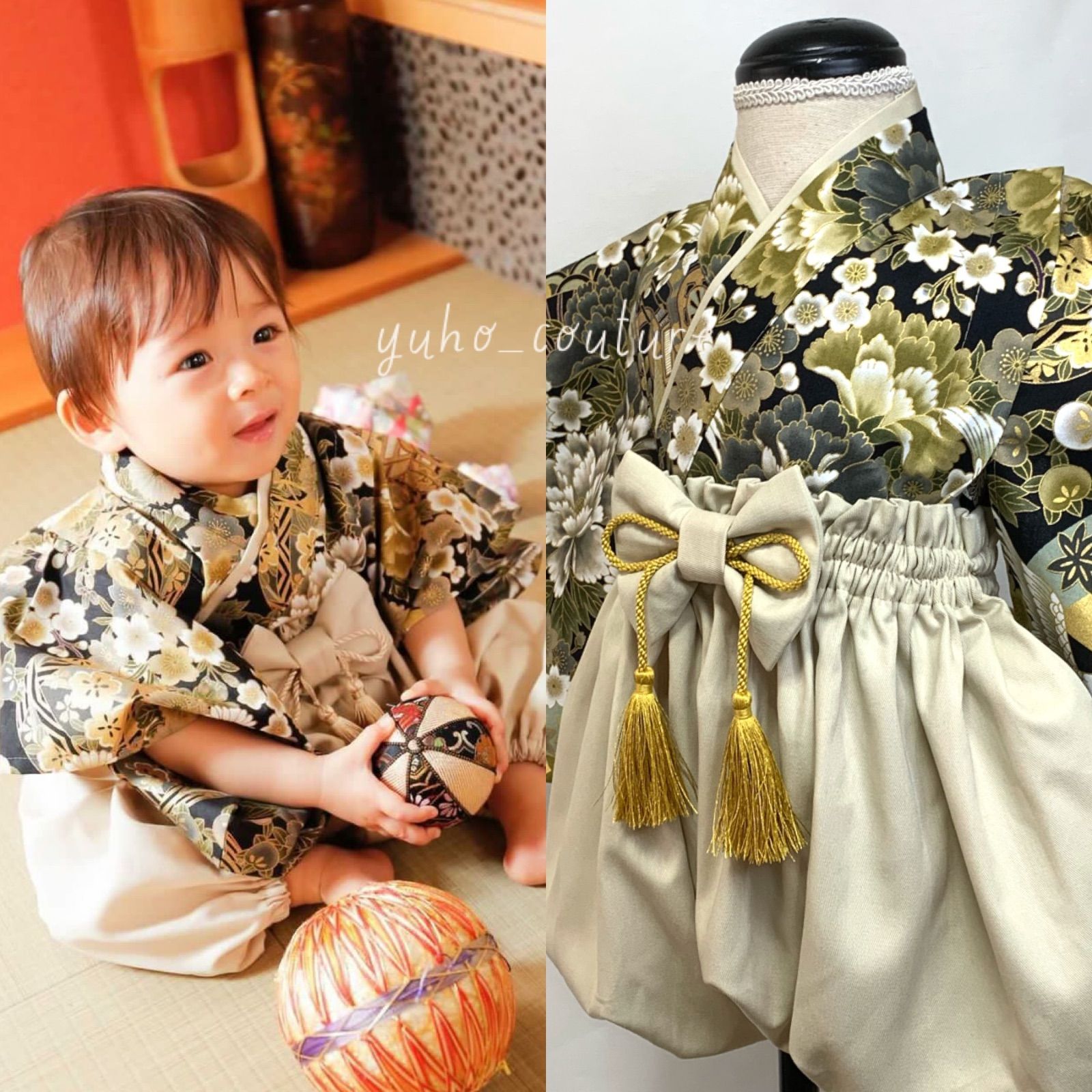 和柄 牡丹鶴 ハンドメイド ベビー袴 お食い初め お宮参り お誕生日 ハーフバースデー 七五三 弟妹着 端午の節句 男の子 100日祝い