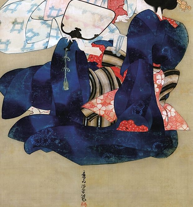 葛飾応為 蝶々二美人図 約56×17.2cm 複製ポスター 浮世絵 美人画 和
