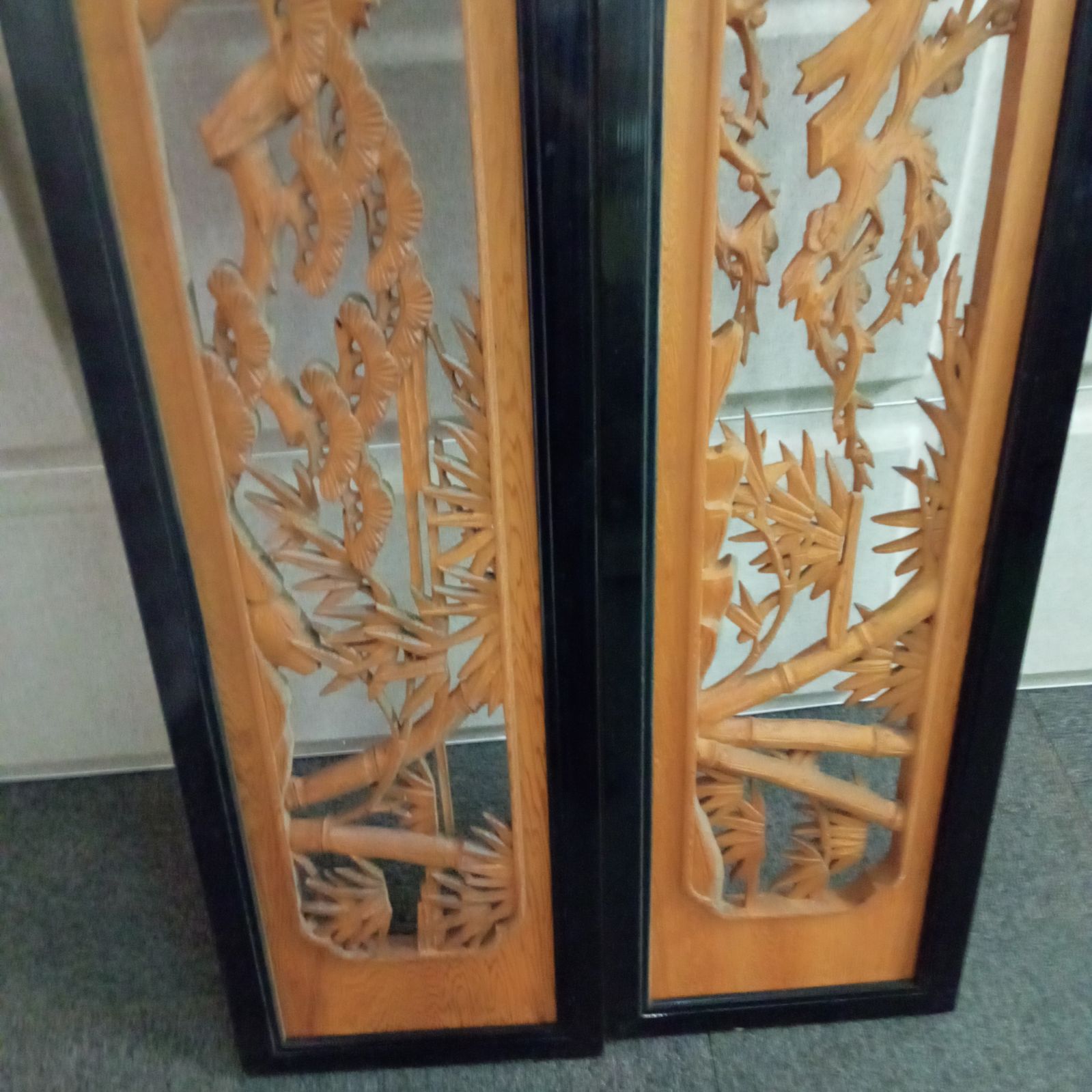 アンティーク】木製 建具 欄間 らんま 2枚組 ガラス無し 彫刻 昭和レトロ