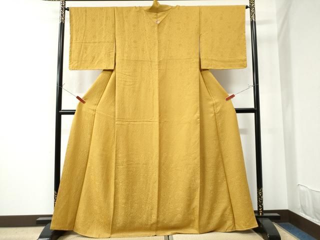 平和屋着物○上質な色無地 伝統草木染 辻が花地紋 山吹茶色 反端付き