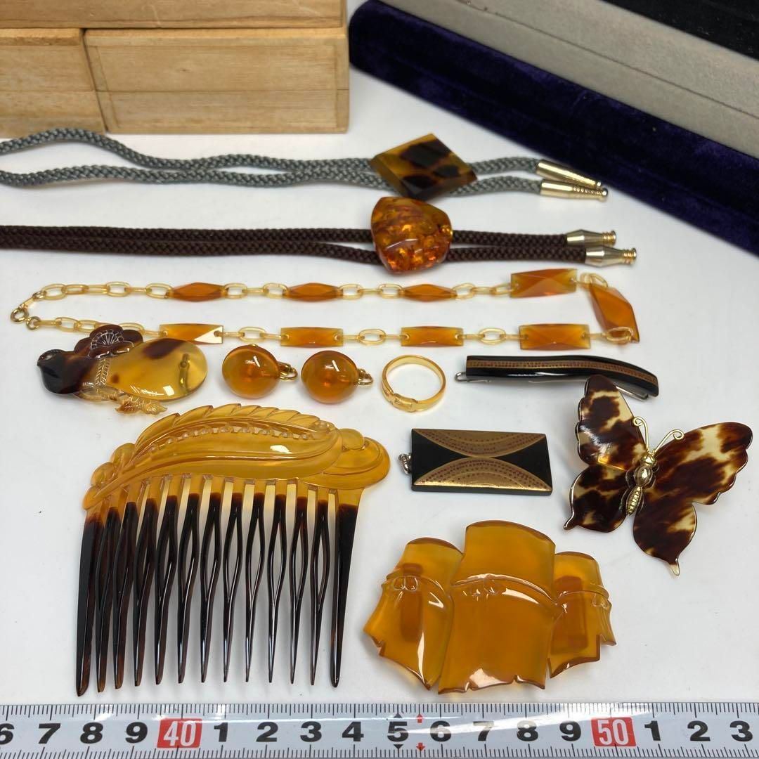 本鼈甲 上手 櫛 簪 ブローチ ケース7点付 95g 東H6-0131