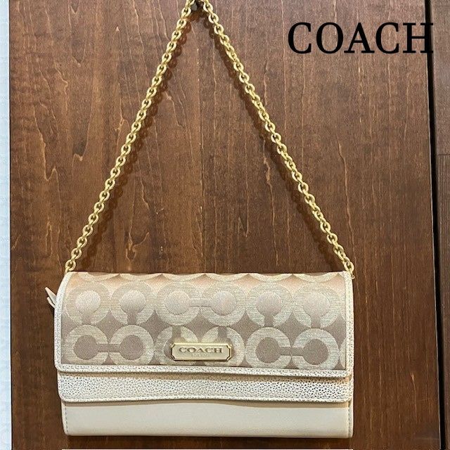 コーチ COACH シグネチャーPVCコーテッド ゴールドラメ チェーンウォレット ミックスマテリアル 長財布