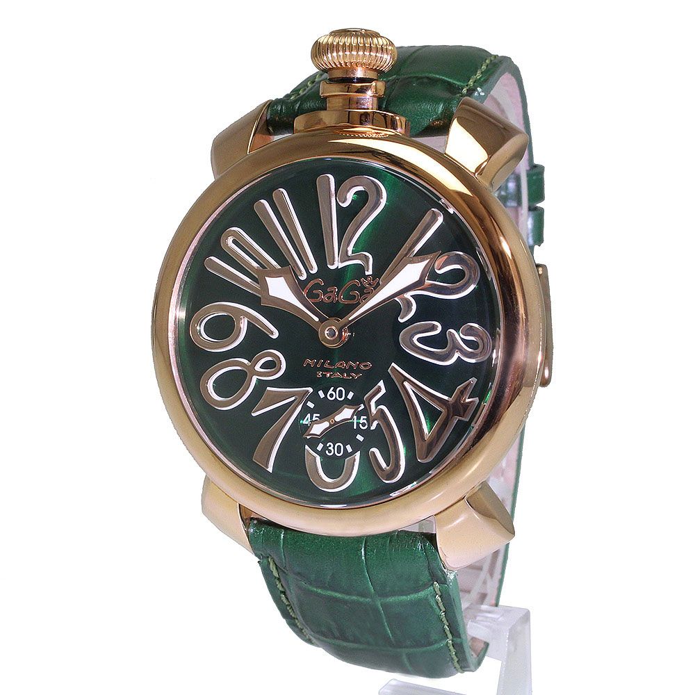 ガガミラノ マヌアーレ 48MM 手巻き 腕時計 型押しカーフレザー グリーン 緑 5011.04S 訳あり GaGa MILANO