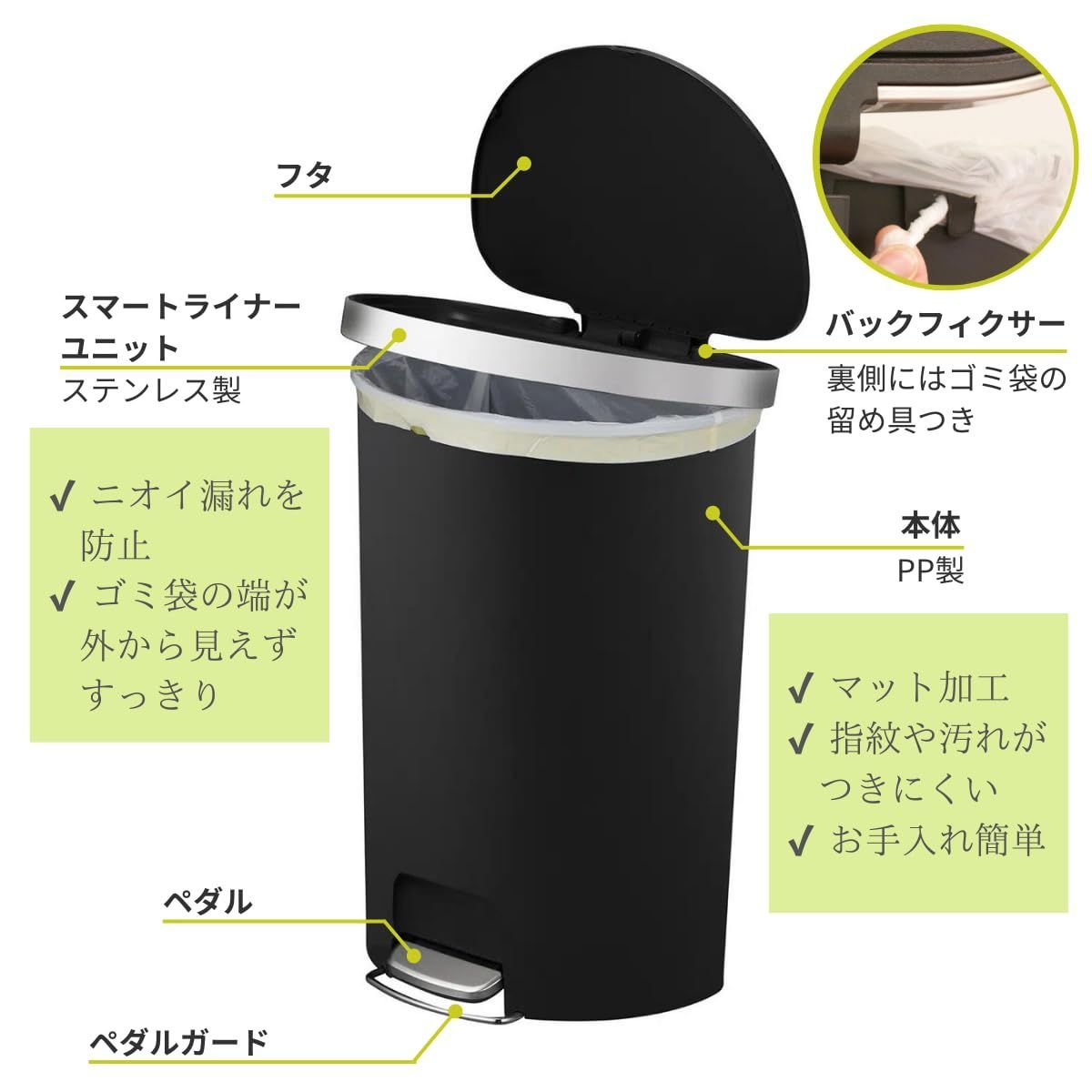 数量限定】ステップ式 ゴミ箱 ハナセミラウンド ブラック 55L ふた付き EKO インナーボックス無し 業務用 店舗向け EK6221-55L-BL  - メルカリ