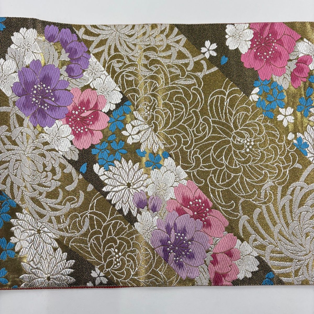 袋帯 美品 秀品 振袖向き 桜 菊 金銀糸 箔 金色 六通 正絹 【中古