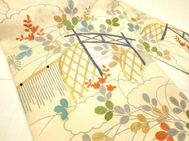 平和屋着物 夏物 アンティーク 大正ロマン 九寸名古屋帯 絽縮緬 駒刺繍 籬草葉文 正絹 DAAX8722cm
