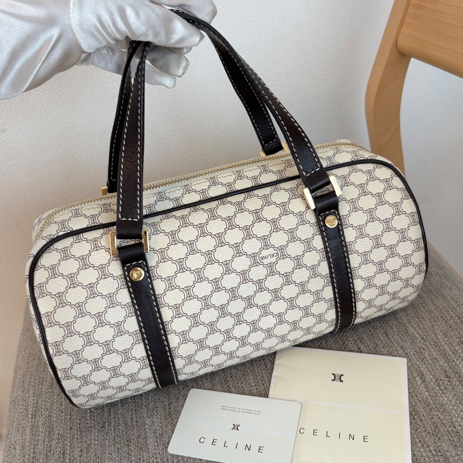 美品】CELINE セリーヌ マカダム柄 PVC×レザー ハンドバッグ 美品】CELINE セリーヌ マカダム柄 PVC×レザー ハンドバッグ