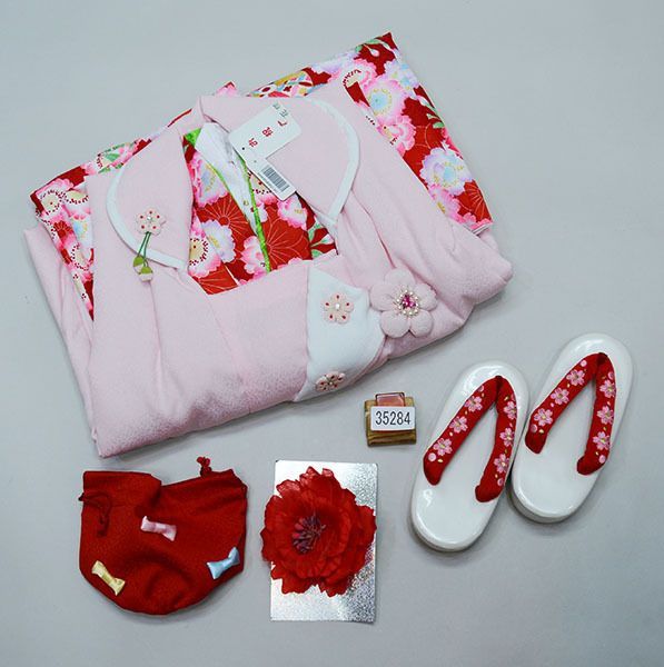 B 超美品 七五三 7歳 フルセット 女の子 子供 着物 帯 黒 ピンク 桜