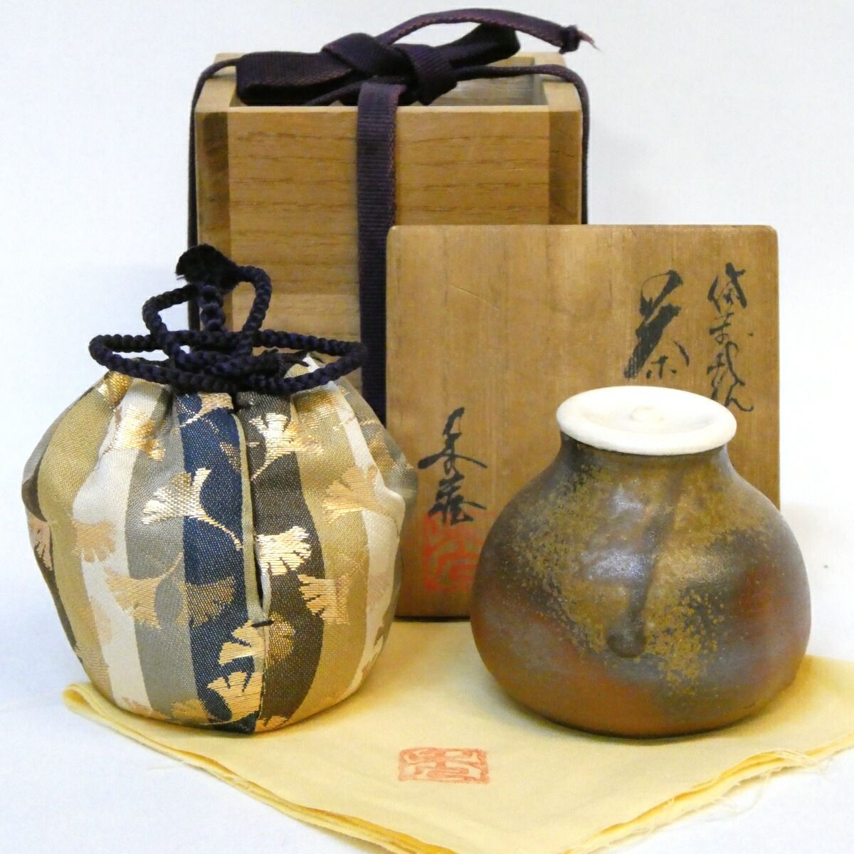 五月の特売品 小川秀蔵作 備前焼 茶入 銀杏間道裂仕覆添 茶道具