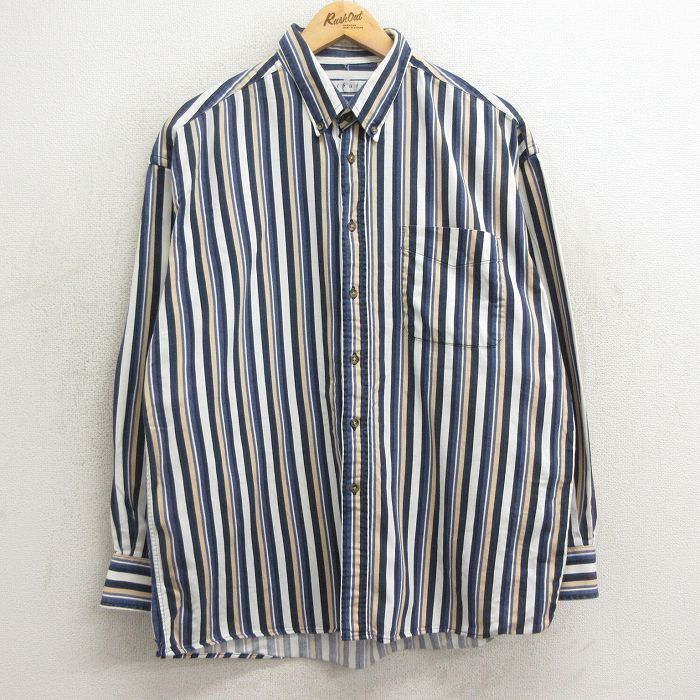 XL/古着 長袖 シャツ メンズ 00s コットン ボタンダウン 紺他 ネイビー ストライプ 24jan29 中古 トップス