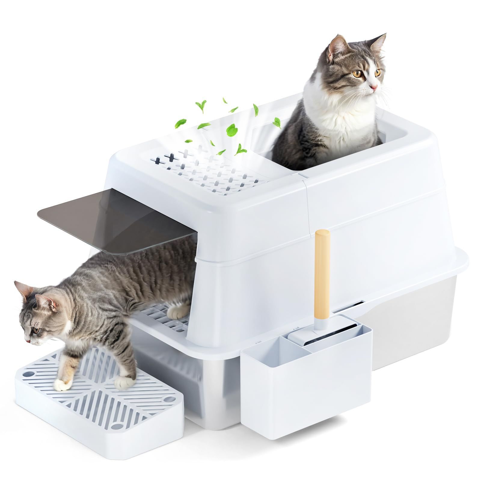 人気商品 FRETONBA 猫 トイレ 大型 フリップオープン式 ステンレス製 猫用トレイ 猫砂盆 約W60×D40×H40cm 超大型の猫体工学トイレ 掃除簡単 2つ出入り口 ステップ付き 猫出入りしやすい 組み立て簡単 砂が飛び散りにくい においが広がり