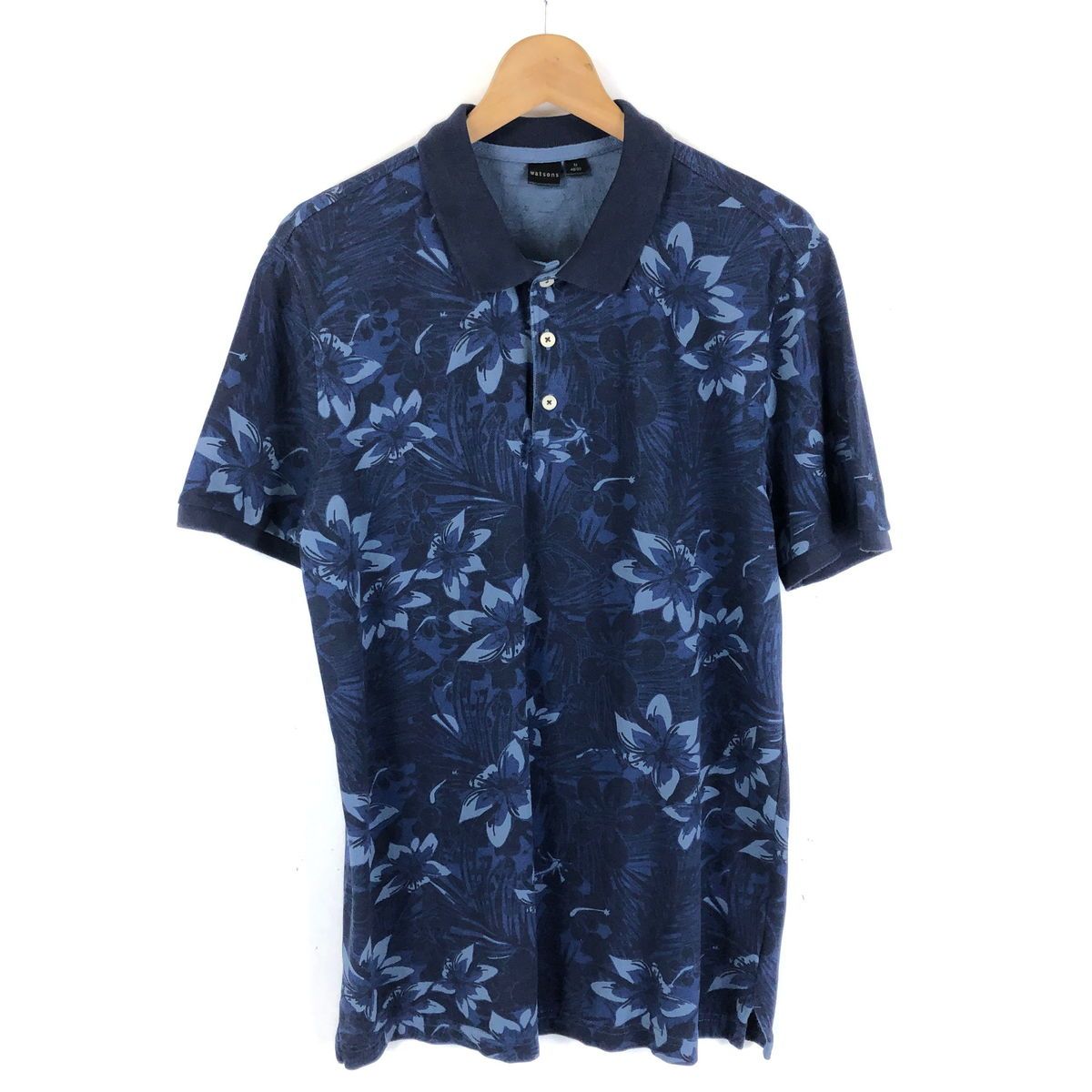 【古着】 watsons ポロシャツ 花柄 ミニ鹿の子 ネイビー系 メンズM 【中古】 n046257