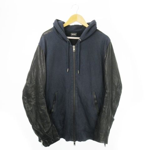 ディーゼル DIESEL パーカー ジップアップ スウェット ラムレザー 切替 羊革 本革 バイカラー 紺 ネイビーTR000084 /AO10 ■GY12