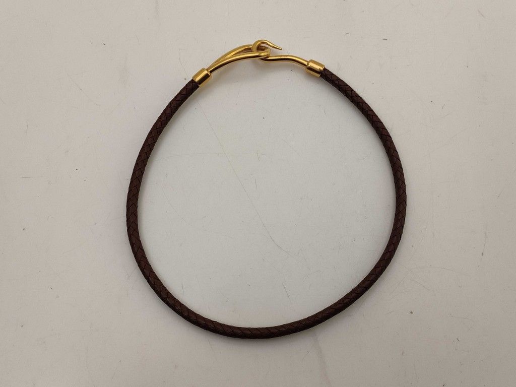 HERMES エルメス チョーカー ジャンボ ブラウン レザー ユニセックス 編込み ゴールド金具