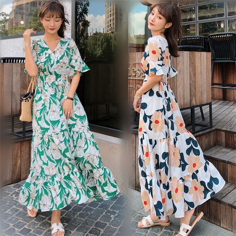 半袖 リゾート ワンピース マキシ フリル 上品 ドレス 韓国 ワンピース レディース マキシワンピース 夏 フリル袖 花柄 半袖