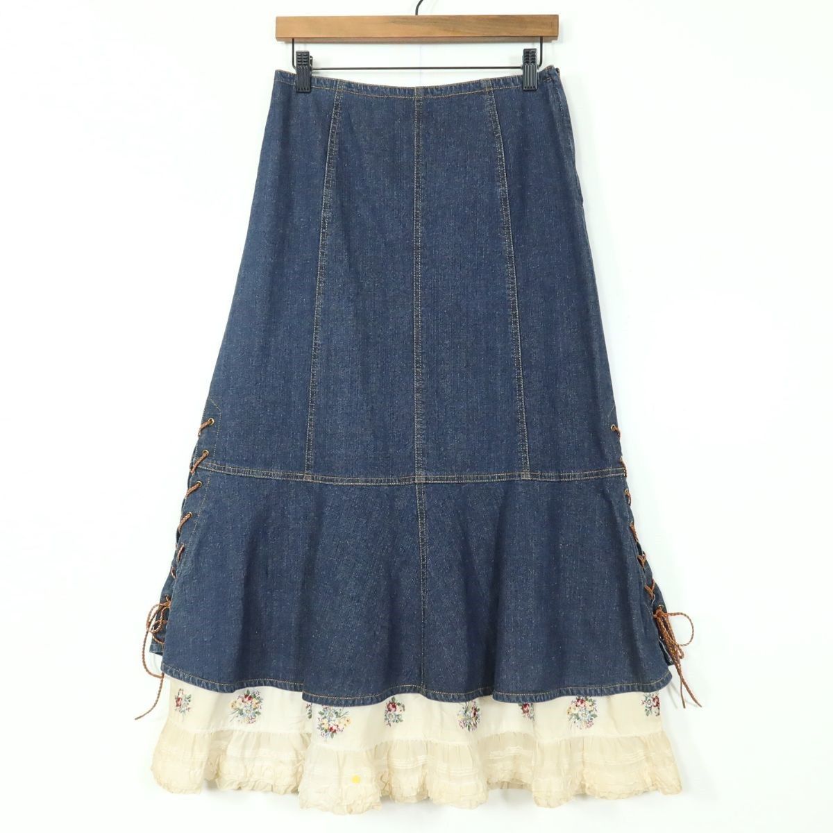 ピンクハウス☆レースアップのデニムスカート 大きいサイズL ブルー系