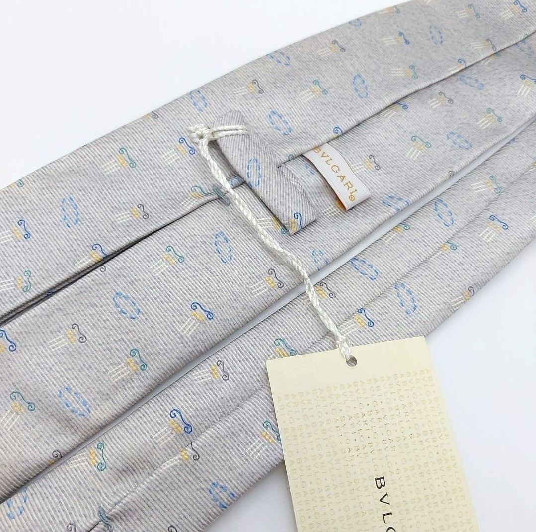 BVLGARI ブルガリ グレー シルク ネクタイ オリジナル【新品 タグ付き