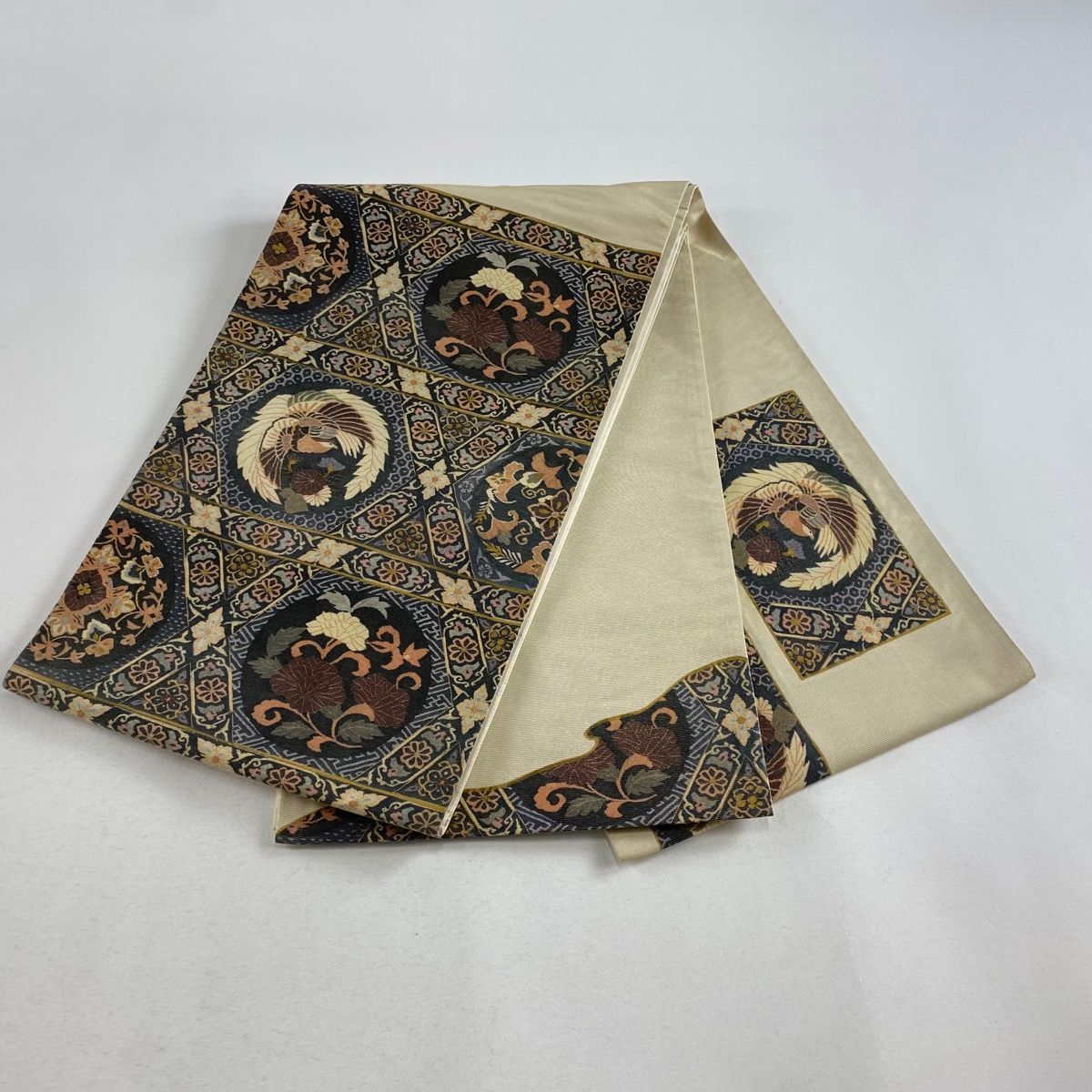 洒落袋帯 生紬 丸に鳥 染め柄 お太鼓柄 着物 正絹 T-8310 洒落袋帯 生紬 丸に鳥 染め柄 お太鼓柄 着物 正絹 T-8310 洒落