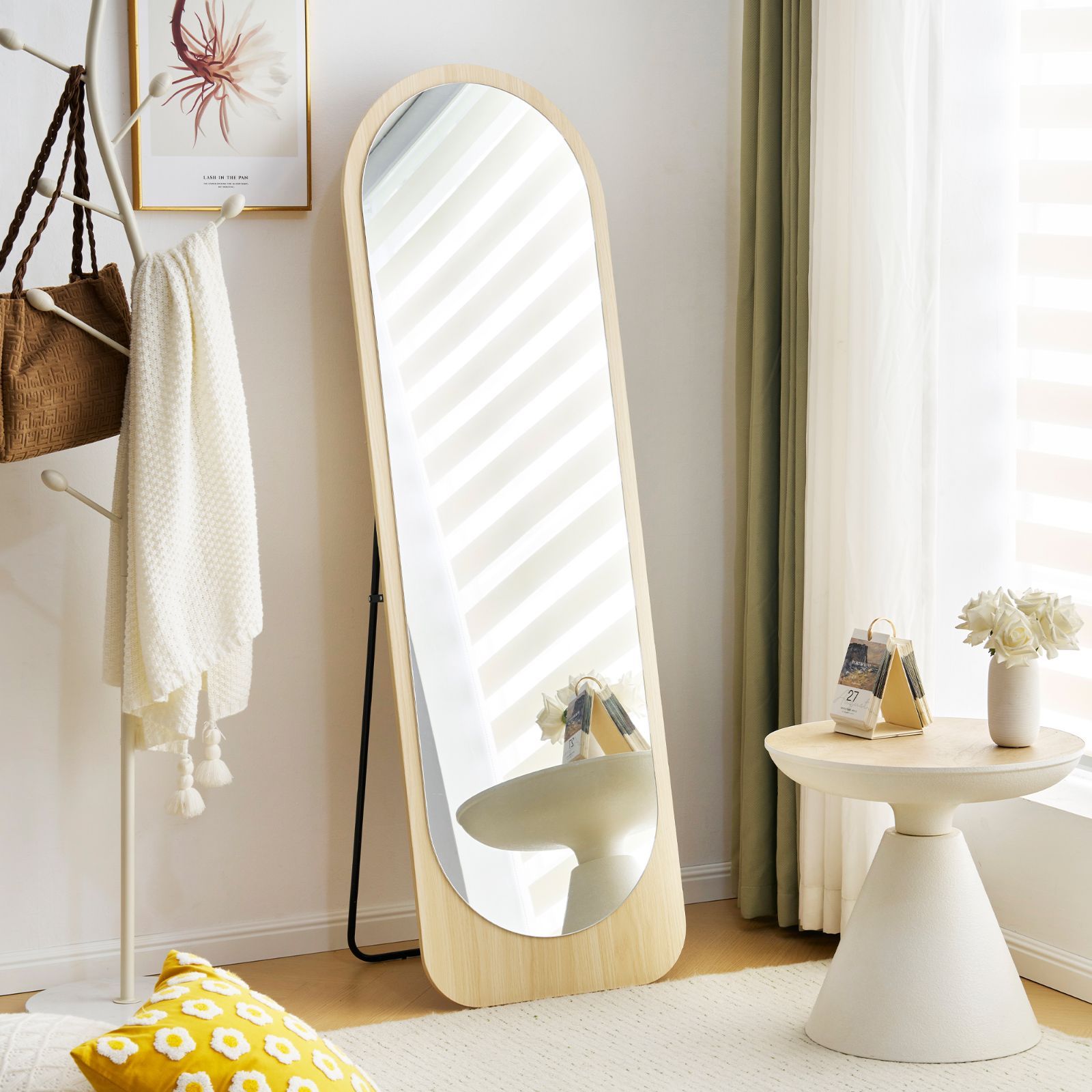 ブラウン】全身鏡 ウェーブミラー 姿見鏡 北欧 木目調 160*50CM 楽天