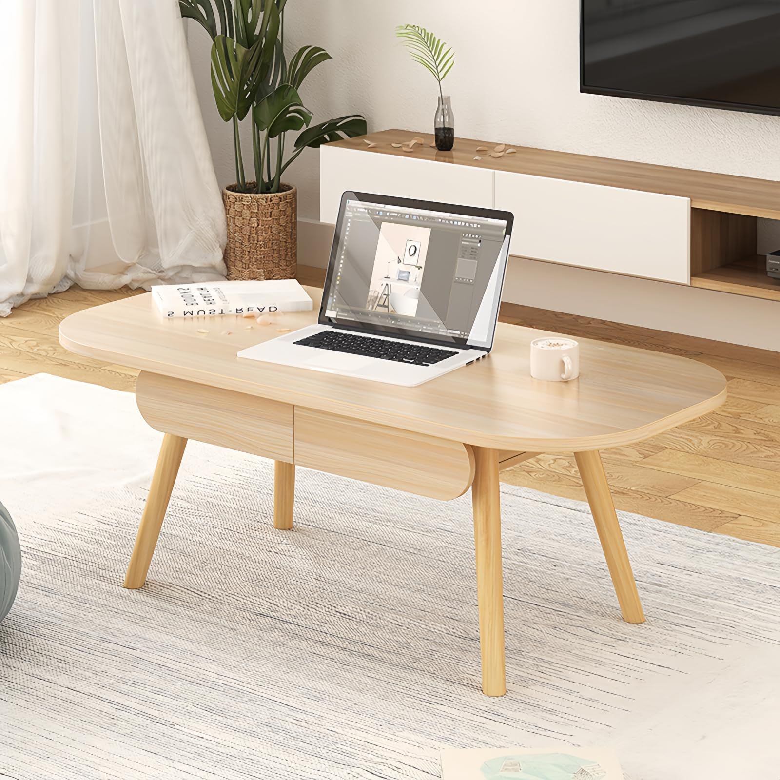 大 一人暮らし 引き出し付き コンパクト リビングテーブル おしゃれ 木製 テーブル ナチュラル 幅100 ローテーブル 奥行48 高さ42 Reelyo 机 MARWIL-DEMENAGEMENTS_CH