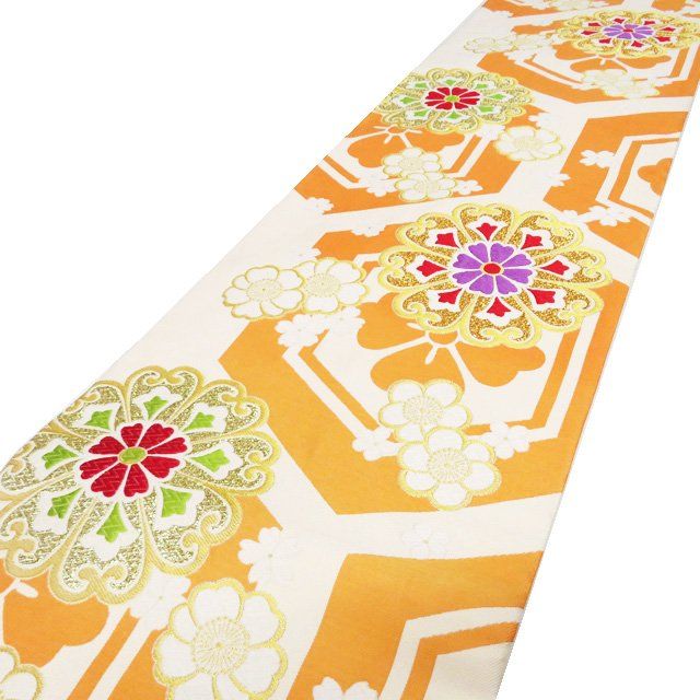 袋帯 振袖用 中古 正絹 六通 華文 花模様 桜 梅 箔糸 A1157-12