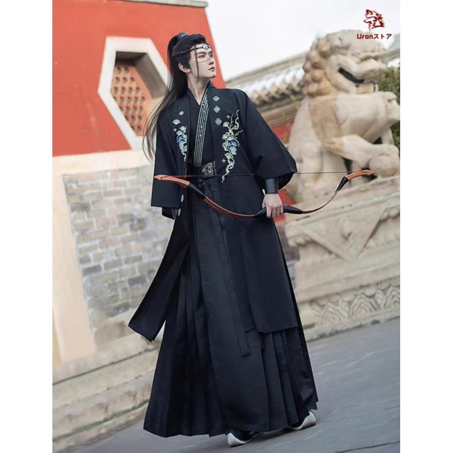 メンズ 漢服 中華コスプレ衣装 6点セット 黒 暗黒系 おしゃれ 交差襟 中国古代服 チャイナ服 エスニック刺しゅう ロング丈羽織カバー付き CS01011BJ WWW_TRAVELLANDINDIA_COM
