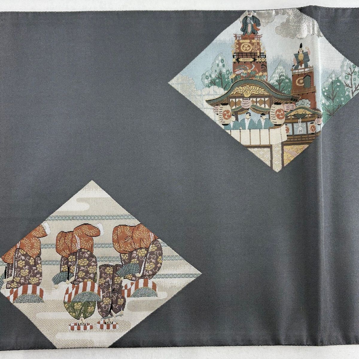 袋帯 美品 名品 証紙 江戸の蔵時記 祭り 人物 菱 金銀糸 箔 灰色