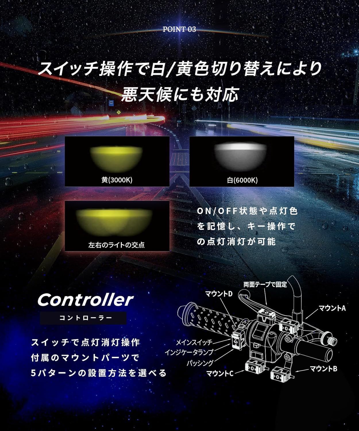 Kaedear(カエディア) バイク LED プロジェクター フォグ ランプ  15W×2灯 ケルビン 12V 防水 IP67 コントローラー Eマーク Cyber LED(サイバーLED) プロジェクター 車検対応 KDR-K10-W15