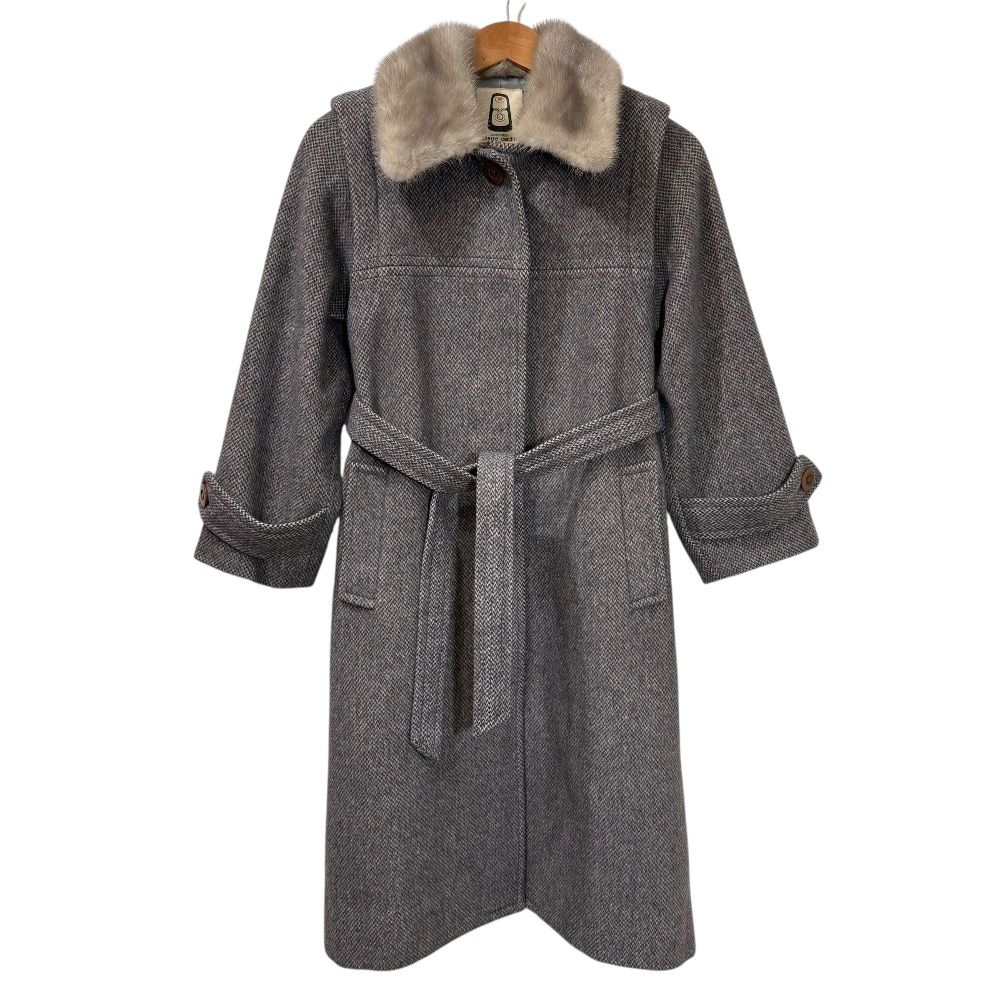 pierre cardin ピエールカルダン ファー ベルテッドコート 7 グレー レディース 古着