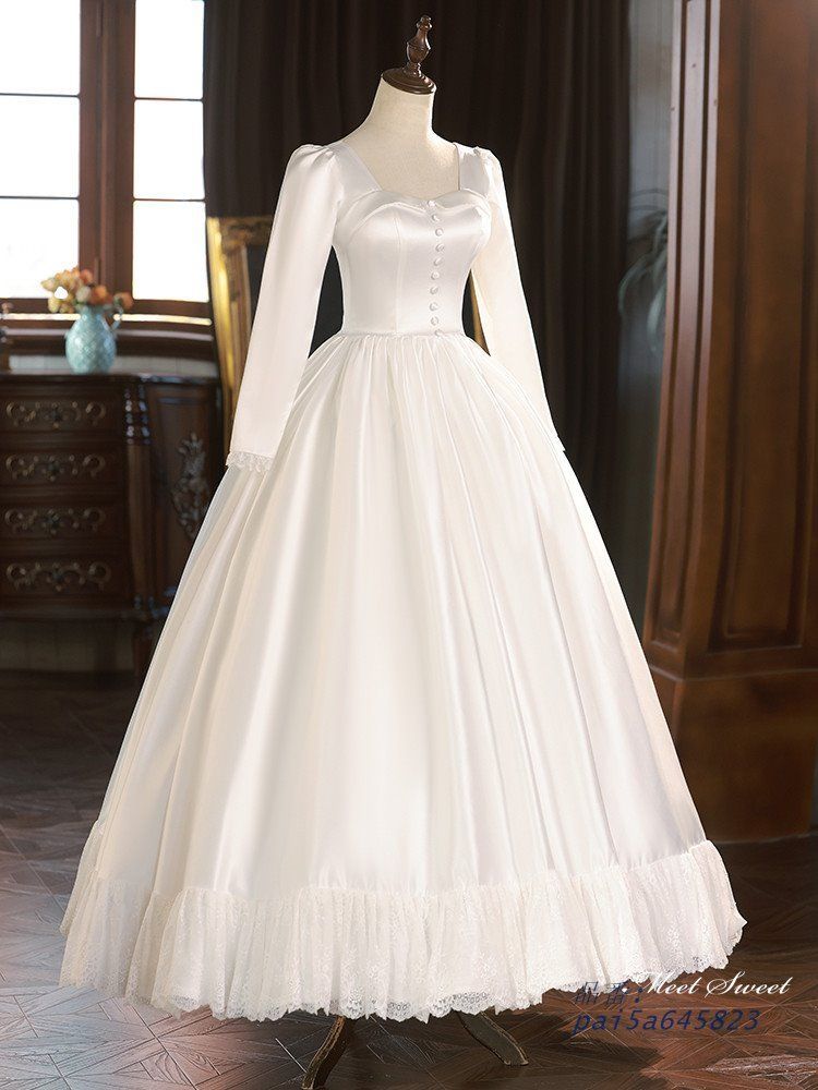 ウェディングドレス ロングドレス プリンセスドレス レトロ Aラインドレス 長袖 二次会 花嫁 サテン 結婚式 ブライダル ウエディングドレス 前撮り pai5a645823