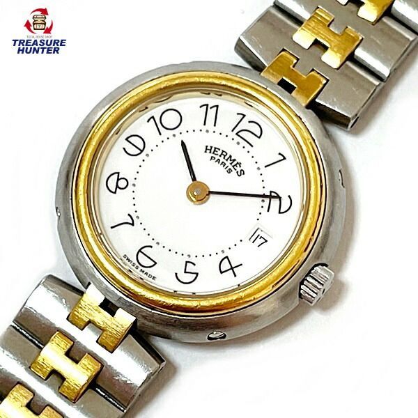 HERMES エルメスの”クリッパー GP/SS デイト クォーツ”レディース腕時計 E#B2033 HERMES エルメス クリッパー アイボリー文字盤 SS GP コンビ メンズ QZ