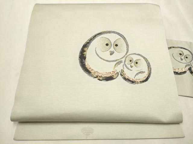 ☆ 名古屋帯 かわいい犬に花模様 鳥の子色 金糸 O-5401 名古屋帯