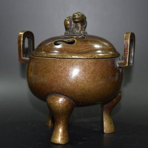 地球両耳三脚薫香炉 茶道具 香道具 工芸品 美術品 置物 銅 細工