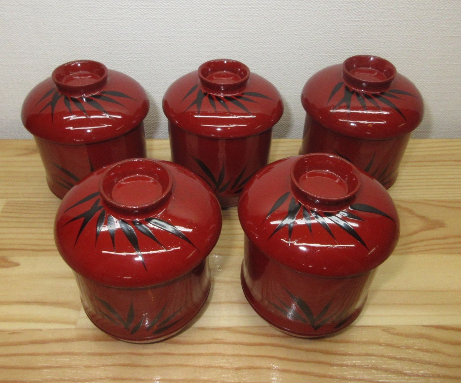 逢絢亭 茶道具 箸洗 山中塗 朱塗 竹の形 笹の絵 木製 ５客 紙箱入り