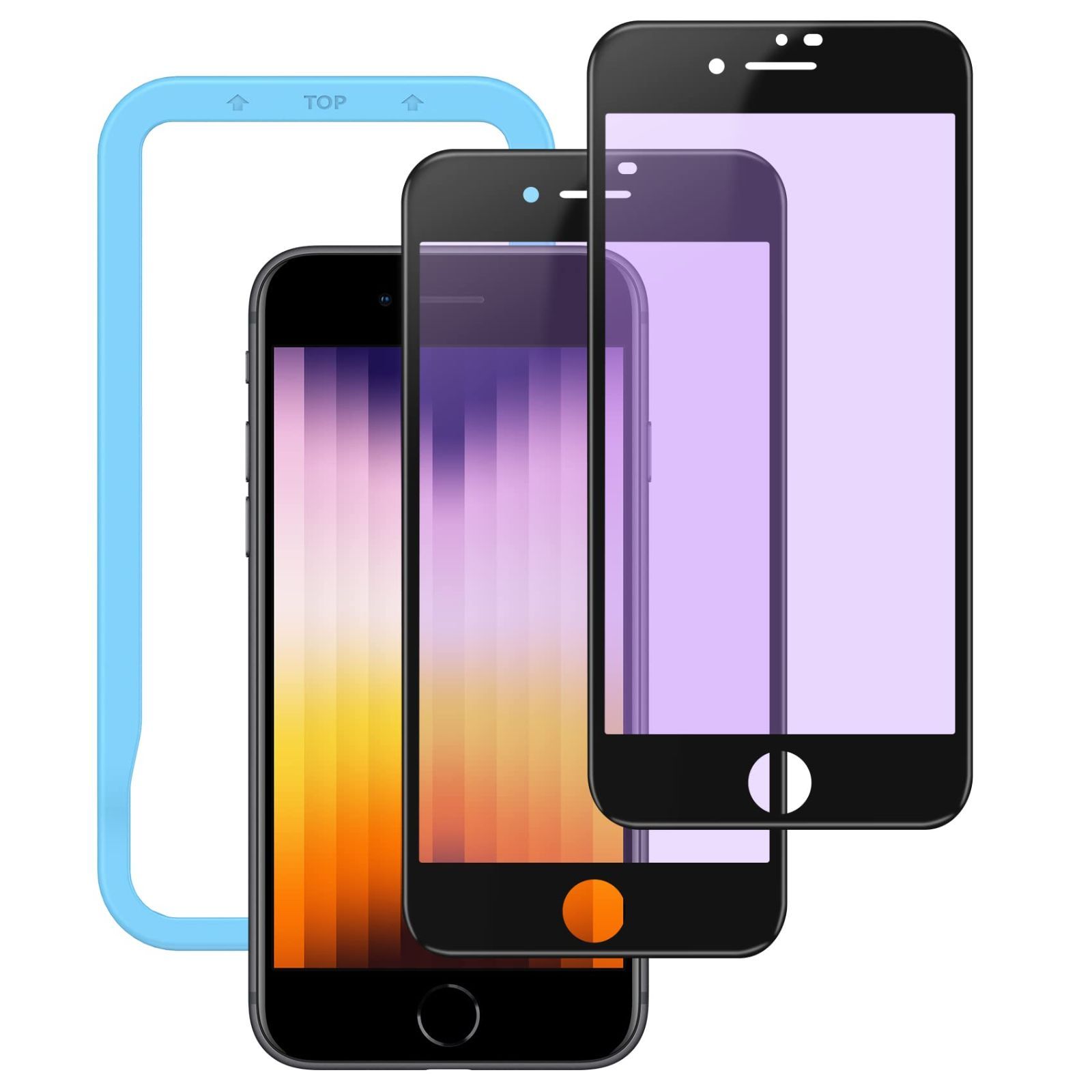 【数量限定】ブルーライトカット 用 7 8 全面保護 SE2 iPhone フィルム【ガイド枠付き】【2枚セット】【ブラック】 iPhone 第3世代 SE NSP20A49 ガラスフィルム NIMASO