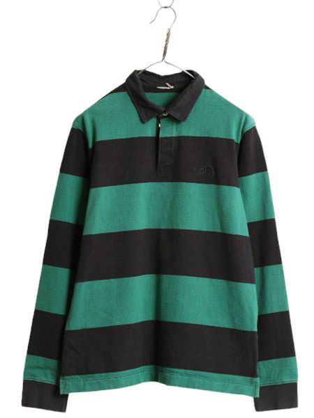 【お得なクーポン配布中!】 ノースフェイス ボーダー 長袖 ラガーシャツ メンズ M 程 The North Face 長袖シャツ ヘビーウェイト コットン ツートン ポロシャツ 黒 緑