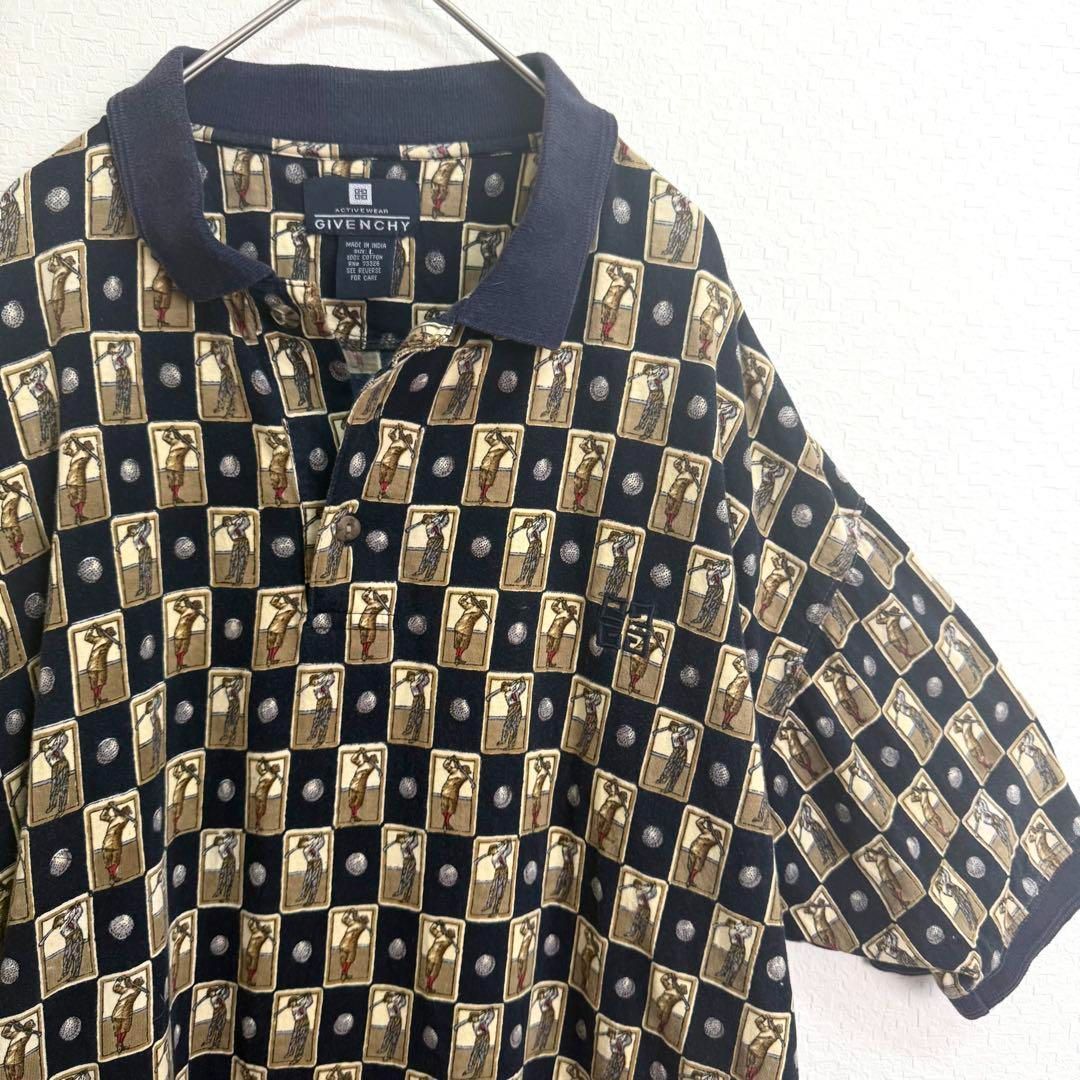 GIVENCHY  ジバンシー ポロシャツ  イタリア製  総ロゴ 美品 極レア90s Givenchy ジバンシー ポロシャツ 古着 総柄 ロゴ 刺繍