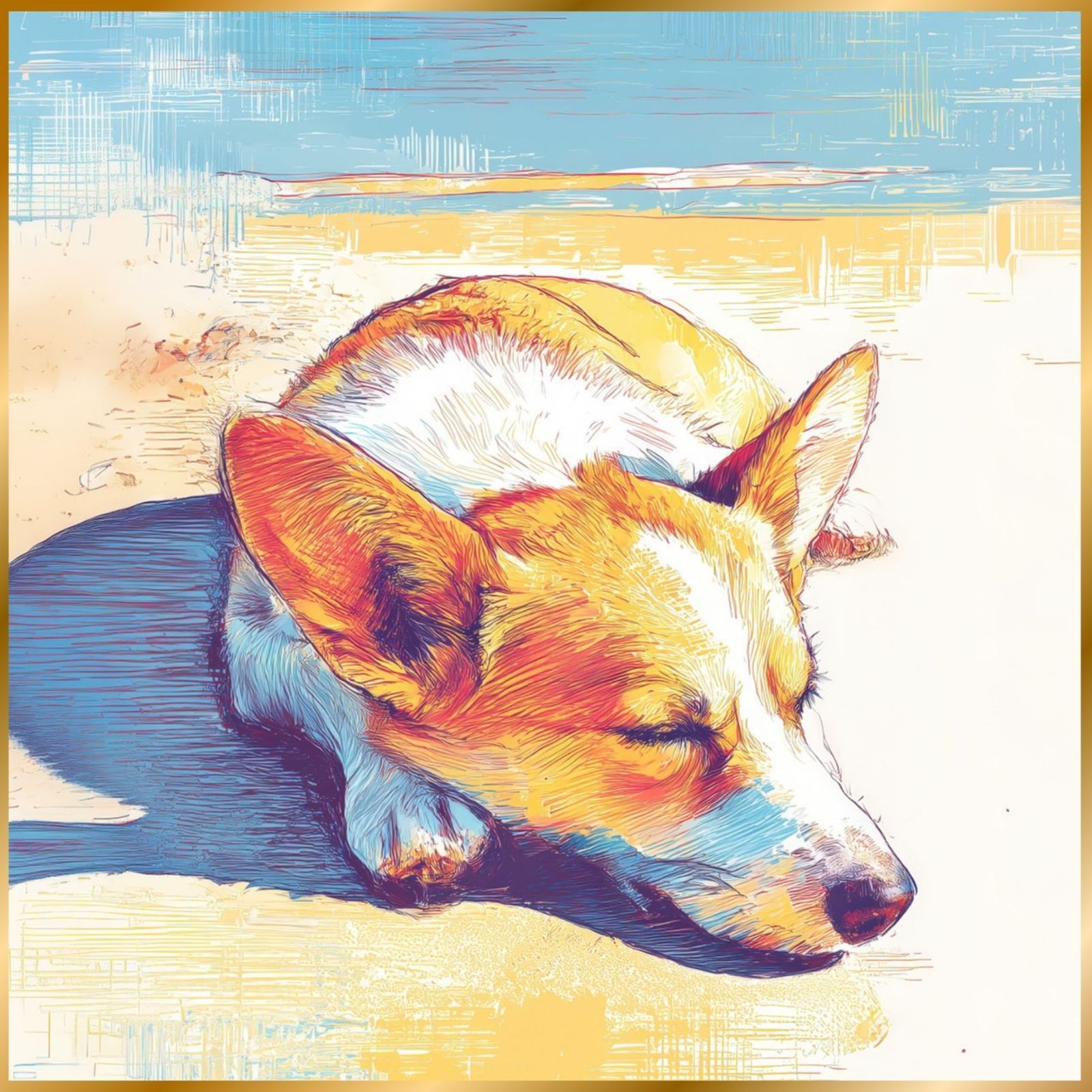 ウェルシュコーギー犬とビーチのスケッチ No.2 海 犬の絵 犬のイラスト おしゃれ ミニマリスト ミニマリズム シンプル インテリアアート ペットロス うちの子 記念日 アートポスター ギフト プレゼント