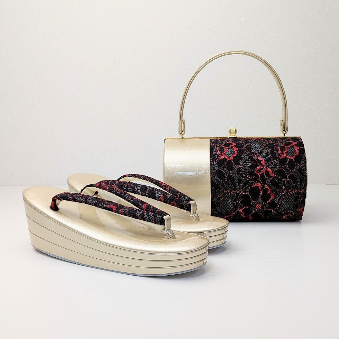草履バッグセット 振袖用 エナメル×レース 赤×黒 フリーサイズ u72-6