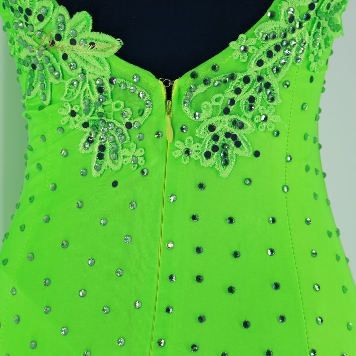 社交ダンス 衣装 ラテン ドレス ワンピース 黄緑 蛍光 デモ 競技  